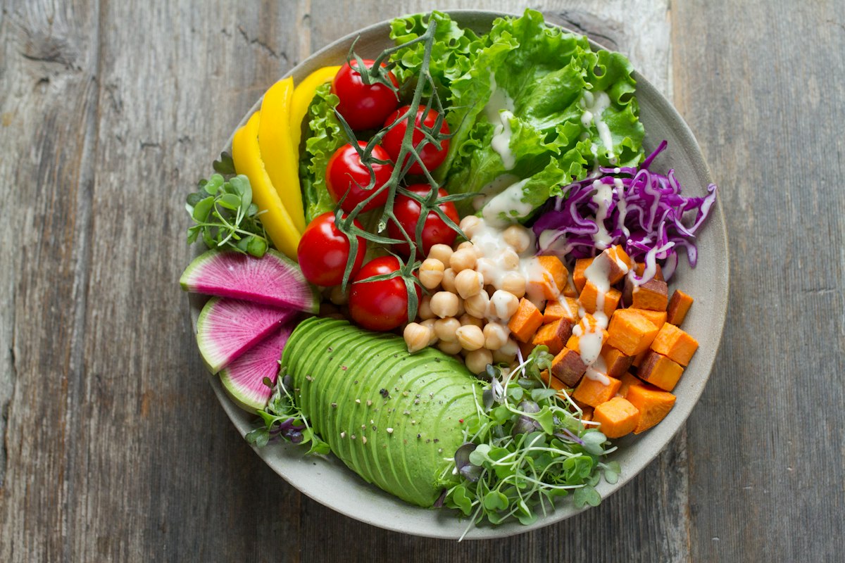 Colourful healthy meal rich in vegetables and fibre